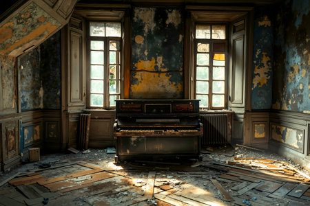 This is an image of an interior space that appears to be in a state of disrepairの素材
