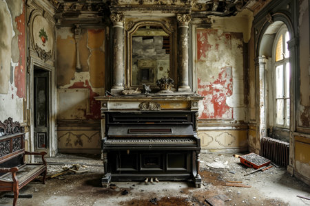 This is an image of an abandoned room with a grand piano as the central focusの素材
