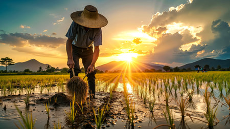 This is a beautiful image capturing a moment of agricultural work at sunsetの素材