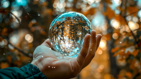This is a beautiful image of a hand holding a clear glass sphere that has a tree branch inside itの素材
