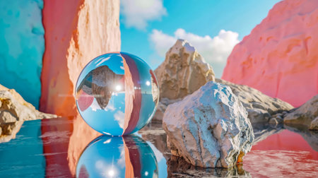 This is a beautifully composed image featuring a reflective sphere placed in the foregroundの素材