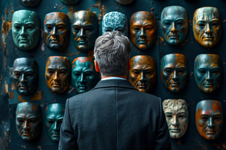 In the image there is a person standing with their back to the camera facing a wall covered with a collection of masksの素材