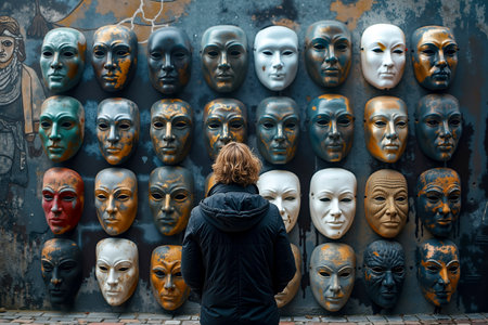 This is an image of a person standing in front of a wall covered with a collection of masksの素材