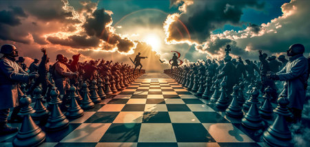 This is a digitally manipulated image that combines elements of a chess game with a dramatic sky in the backgroundの素材