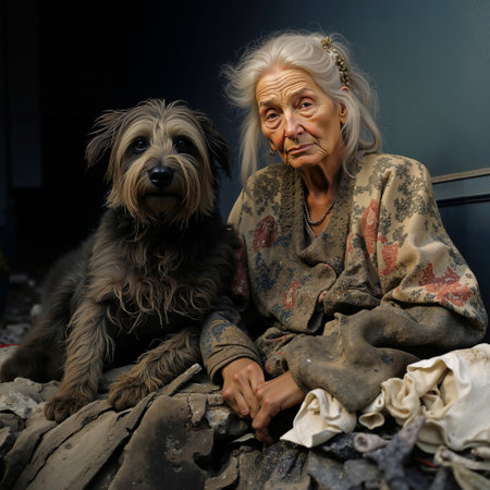 This is an image of an elderly woman and a dog sitting togetherの素材