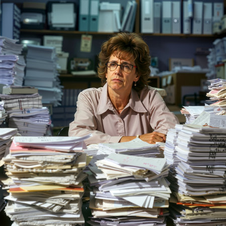 A person sitting at a desk with a large stack of papers in front of themの素材