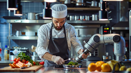 In the image there is a chef in a professional kitchen preparing a mealの素材