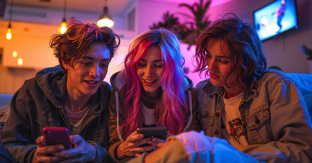 In the image there are three individuals sitting closely together each engrossed in their own smartphoneの素材