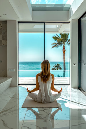 In the image there is a person sitting in a meditative pose likely practicing yoga or meditationの素材