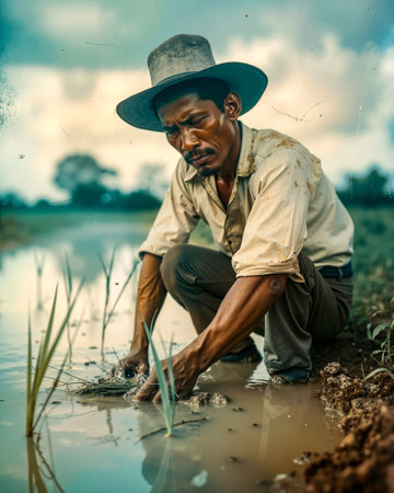This is a photograph of a person working in a fieldの素材