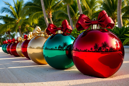 This image shows a collection of Christmas ornaments arranged in a rowの素材