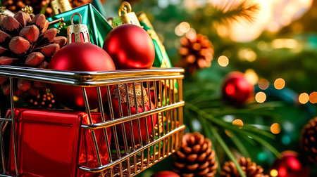 This is a festive image featuring a shopping cart filled with Christmas decorationsの素材