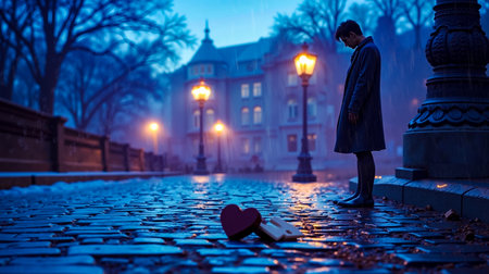 A man in a long coat stands on a cobblestone street at night looking down at a heart-shaped object on the groundの素材