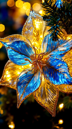 A close-up of a colorful ornate Christmas decoration with blue and yellow elements set against a blurred background of lightsの素材
