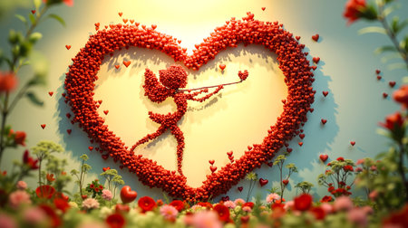 A large heart made of red berries with a bow and arrow in the centerの素材