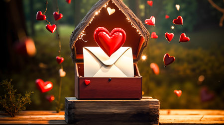 A red mailbox with a heart on it surrounded by falling red heartsの素材