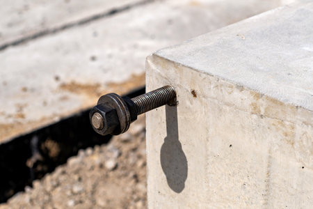 A close-up of a metal bolt or screw with a washer attached to a concrete surfaceの写真素材