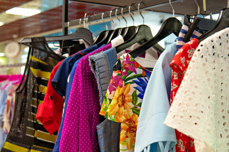 This image shows a rack of clothing items likely in a store or a wardrobe
