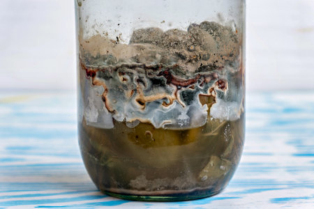 A glass jar filled with a substance that appears to be a mixture of dirt sand and possibly some...
