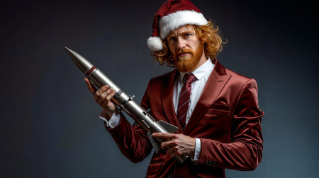 A man in a red suit and Santa hat holding a silver rocketの素材