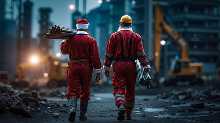 Two construction workers dressed in Santa Claus costumes walk through a construction site at nightの素材