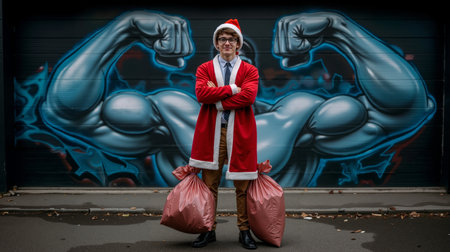 A man in a Santa Claus outfit poses in front of a mural of muscular armsの素材