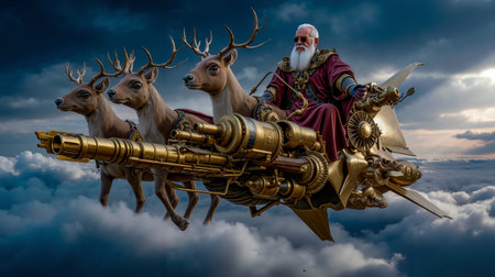 A man with a white beard and sunglasses is riding a golden mechanical deer with antlers surrounded by a cloudy skyの素材