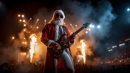 A man dressed as Santa Claus is playing a guitar on stage surrounded by smoke and flamesの素材