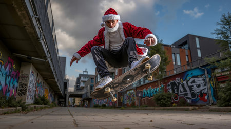 A man in a Santa Claus costume is performing a skateboard trick on a brick roadの素材
