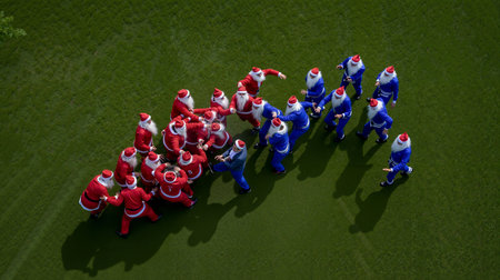 A group of people dressed in Santa Claus costumes are standing on a grassy fieldの素材