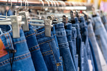 A rack of blue jeans with metal hooks and hangersの写真素材