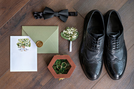 A pair of black shoes with a bow tie and a small bouquet of flowers on a wooden floor