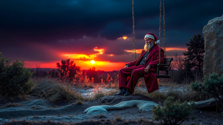 A man in a red robe and Santa hat sits on a swing at sunsetの素材