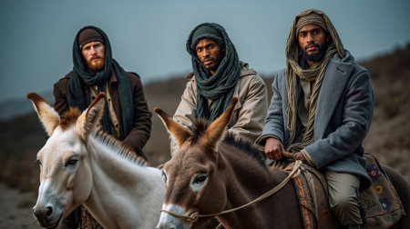 Three men in traditional attire riding donkeys in a desert-like environmentの素材
