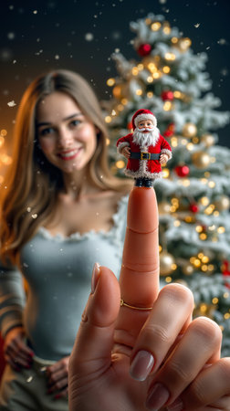 A woman's finger is holding a tiny Santa Claus figurine in front of a Christmas treeの素材