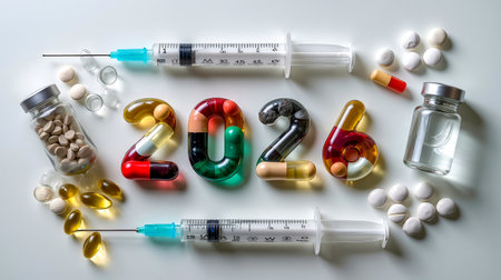 A creative and colorful arrangement of various medical items including pills vitamins a syringe and a pill bottle all designed to spell out the year 2026の素材
