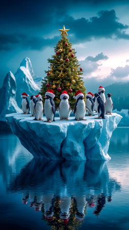 A group of penguins standing on an iceberg in front of a Christmas treeの素材