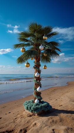 A decorated palm tree on a sandy beachの素材