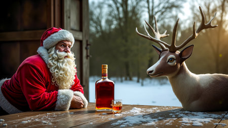 Santa Claus is sitting at a table with a deer a bottle of whiskey and a glass of whiskeyの素材