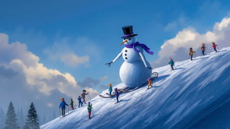 A whimsical illustration of a giant snowman on a snowy hill surrounded by a group of children skiingの素材
