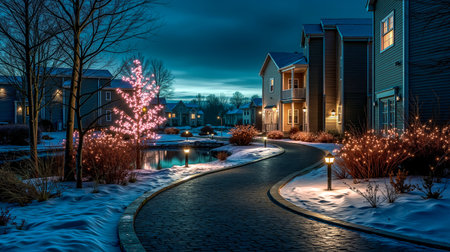 A snowy residential street at night with houses and trees illuminated by warm lightsの素材