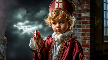 A young child dressed in a red and gold robe with a cross on the head holding a staff stands in front of a brick wall with a windowの素材