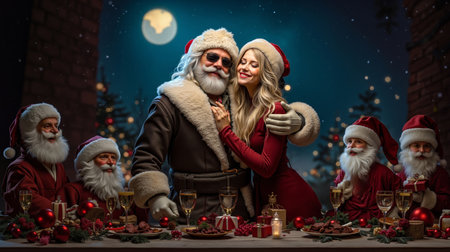 A man and woman dressed as Santa Claus and Mrsの素材
