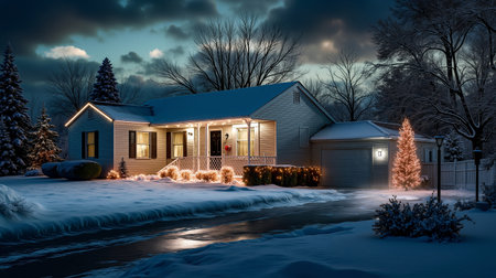 A snowy night scene of a house with lights on a driveway and a Christmas treeの素材