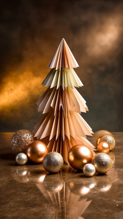 A paper Christmas tree with gold ornaments and a reflective surfaceの素材
