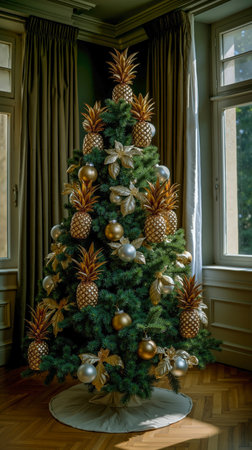 A Christmas tree decorated with pineapples and gold ornamentsの素材