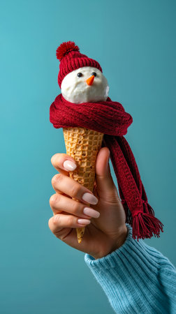 A hand holding a snowman-shaped ice cream coneの素材