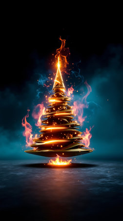 A fiery golden Christmas tree with a sparkling top set against a dark cloudy skyの素材