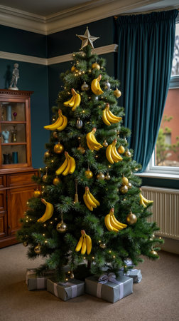 A Christmas tree decorated with bananas and gold ornamentsの素材