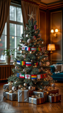A Christmas tree decorated with flags and wrapped presents on a wooden floorの素材